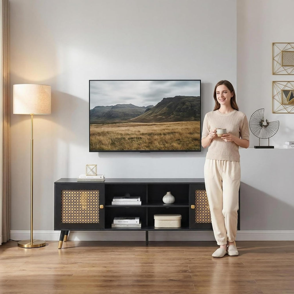 JYED DECOR Black TV Stand for 75 inch TVs, 66' Mid Century Modern Media Console, Long Entertainment Center with Storage Cabinet for Living Room