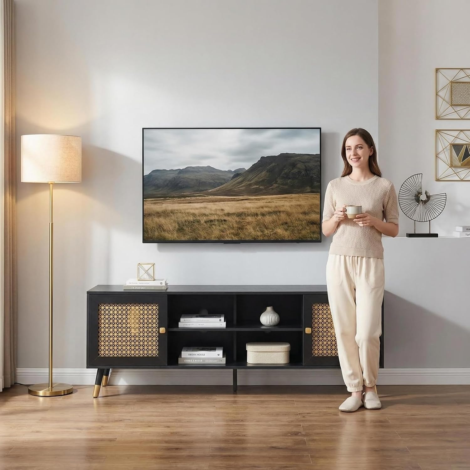 JYED DECOR Black TV Stand for 75 inch TVs, 66' Mid Century Modern Media Console, Long Entertainment Center with Storage Cabinet for Living Room