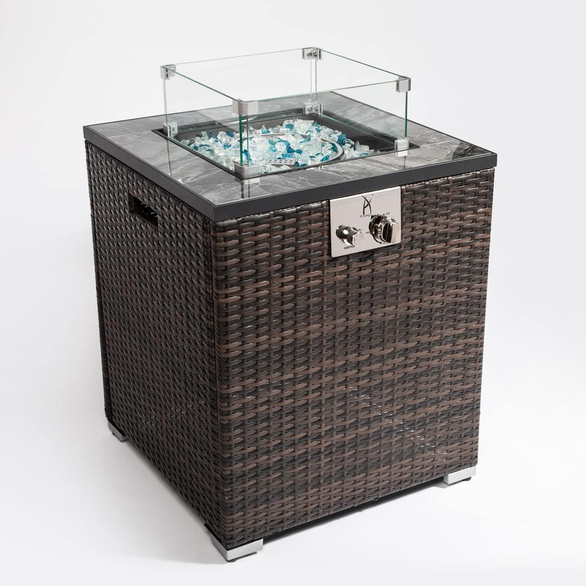 24in Outdoor Propane Gas Fire Pit Table, 40,000 BTU Auto-Ignition Gas Firepit with Glass Wind Guard, Marble Tile Tabletop, Mixed Color Glass Rocks, Brown PE Rattan