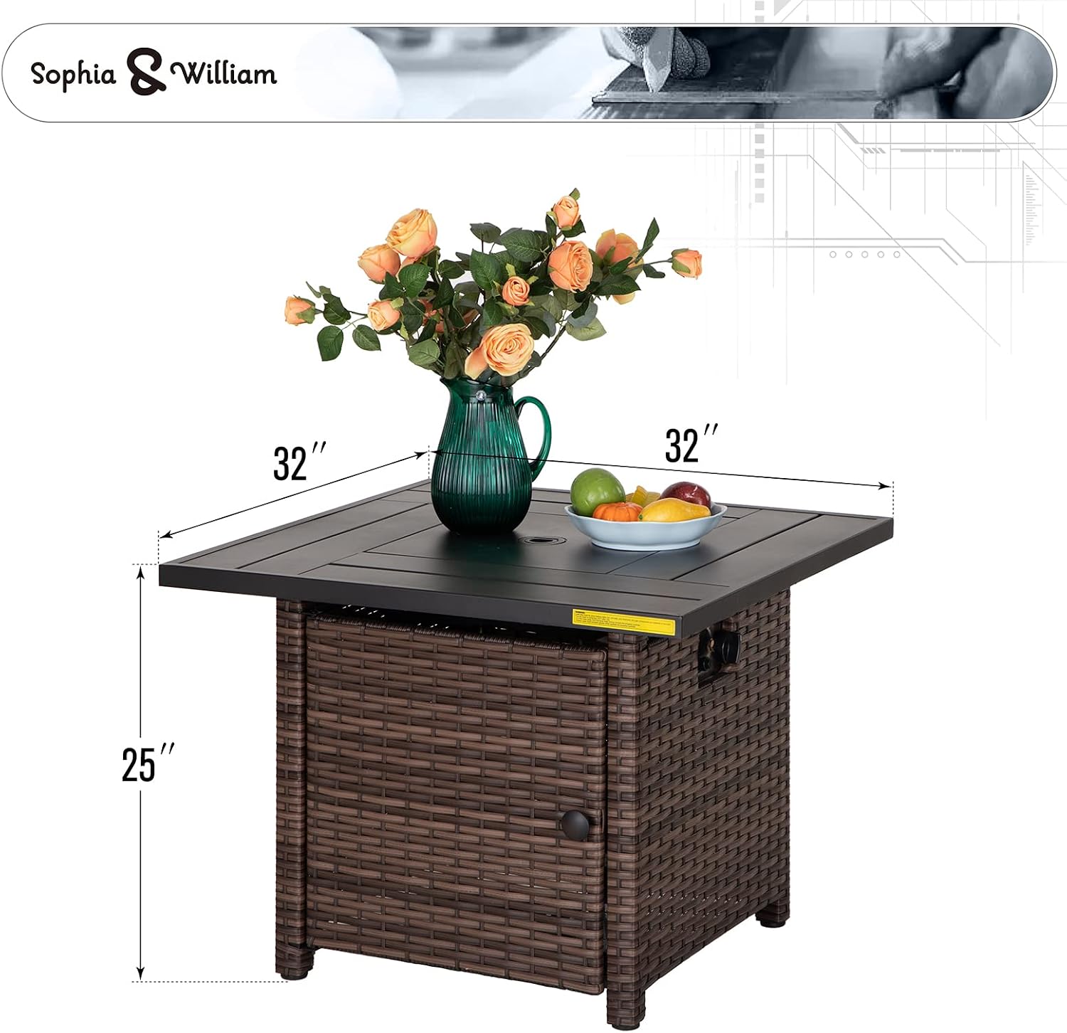 Sophia & William 32 Inch Gas Fire Pit Table Outdoor Rattan Propane Fire Table & Fireplace with Fire Glass, Lid, 50,000 BTU Firepits for Outside Patio