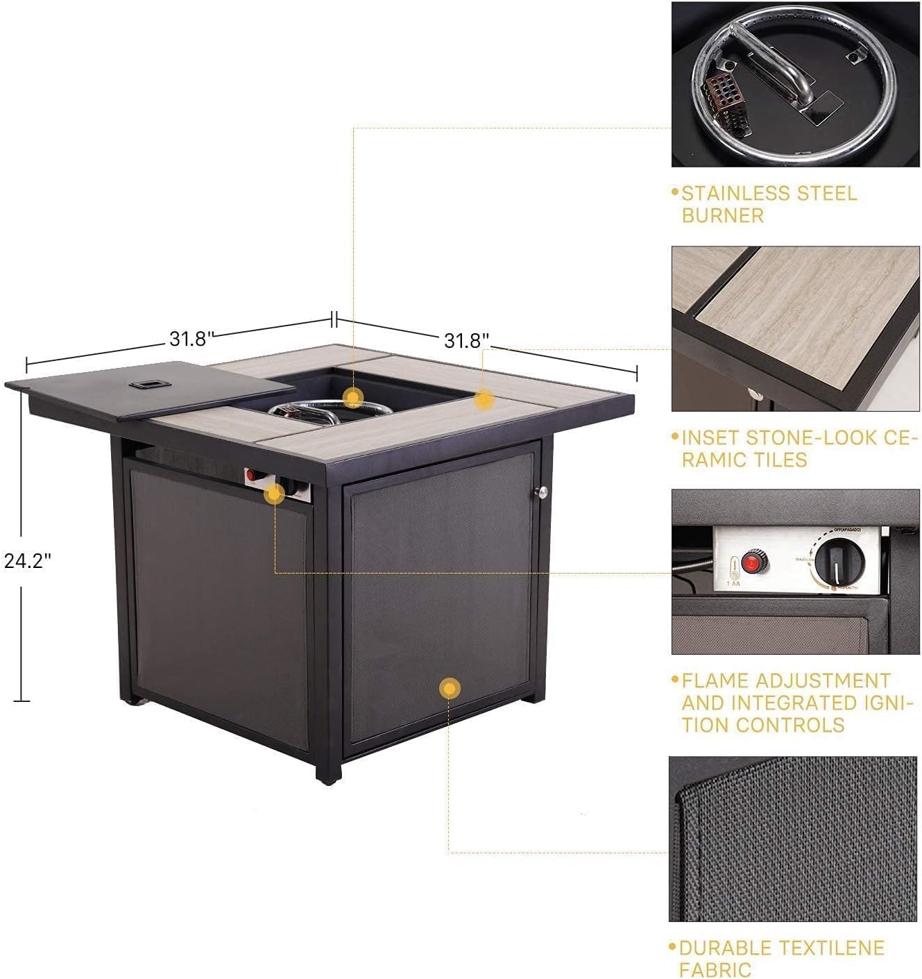 Grand Patio Outdoor Gas Fire Pit Table 32-Inch Square Propane Gas Fire Pit with CSA Safety Approval 50000 BTU Heat Sling Base Ceramic Tile Top and Lava Rock for Garden, Backyard, and Deck Parties