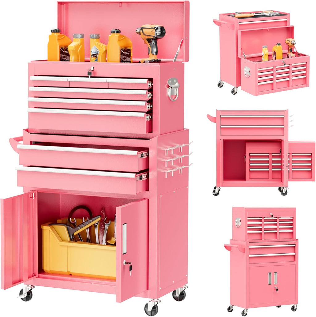 Superday Metal Tool Chest, 8 Drawer Rolling Tool Chest with Wheels, Detachable Tool Storage Cabinet with Lock for Garage, Steel Tool Cart with Liner & Hooks for Workshop, Warehouse (Pink)