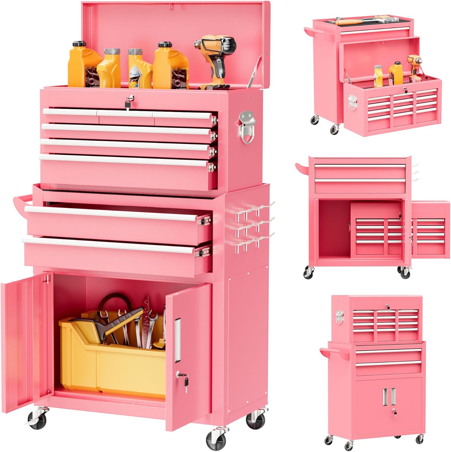 Superday Metal Tool Chest, 8 Drawer Rolling Tool Chest with Wheels, Detachable Tool Storage Cabinet with Lock for Garage, Steel Tool Cart with Liner & Hooks for Workshop, Warehouse (Pink)