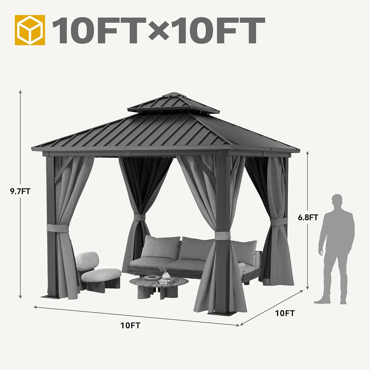DWVO 10x10ft Gazebo Double Roof Hardtop with Nettings and Curtains, Heavy Duty Galvanized Steel Outdoor Vertical Stripes Roof for Patio, Backyard, Deck, Lawns, Grey