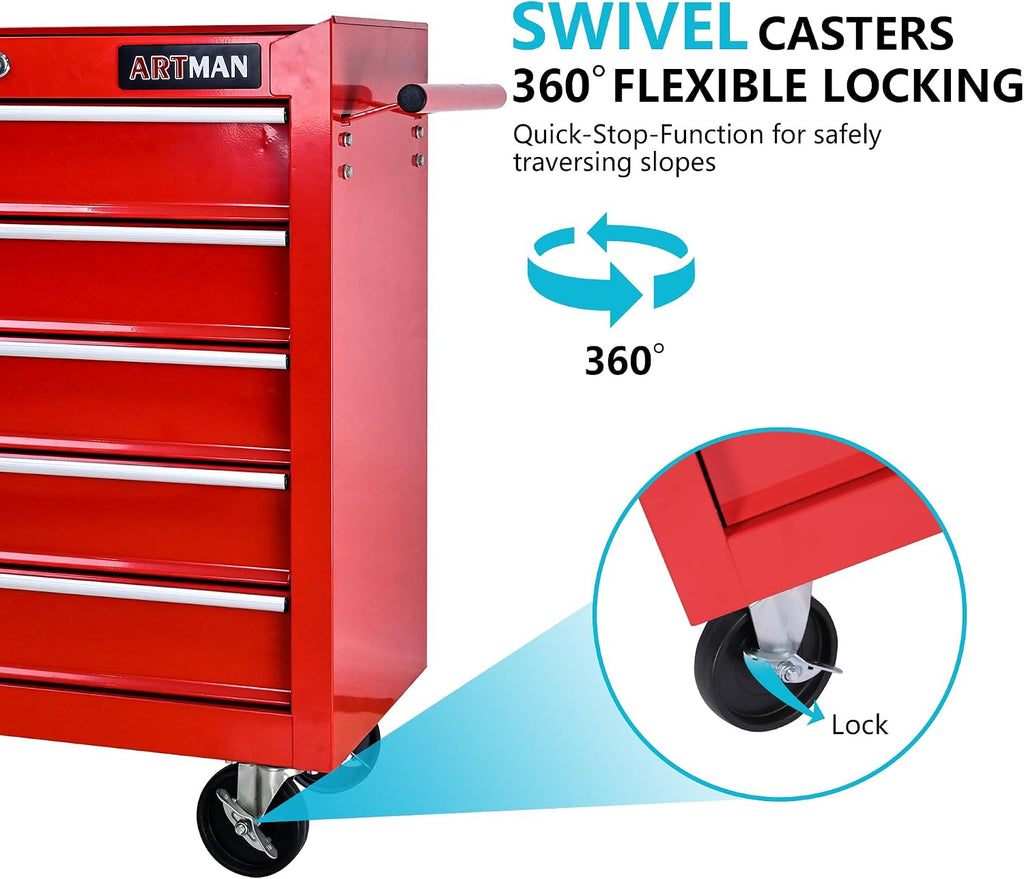 5 Drawers Tool Cart on Wheels, 5 Drawer Rolling Tool Chest with Key Lock, Trolley Organizer Tool Case, Multifunctional Rolling Tool Box for Garage,Warehouse,Workshop,Repair Shop (Red)