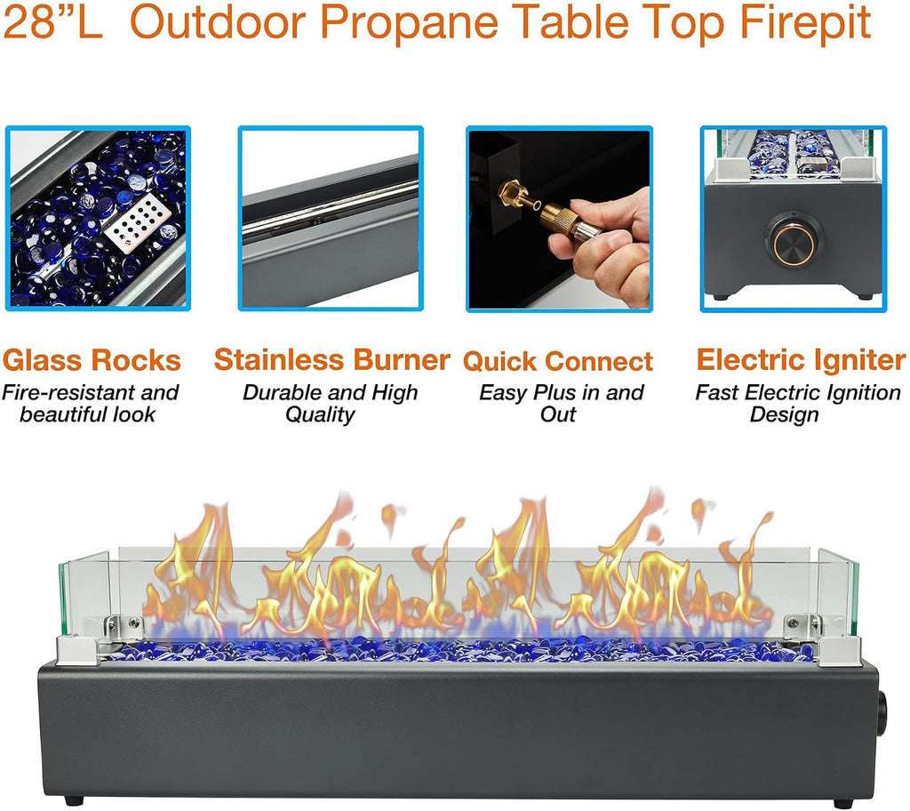 28-inch Table Top Propane Fire Pit, 40,000 BTU Tabletop Firepit for Patio, Outdoor Portable Rectangular Fire Bowl w/Wind Glass Shield, Glass Rocks - Carbon Gray