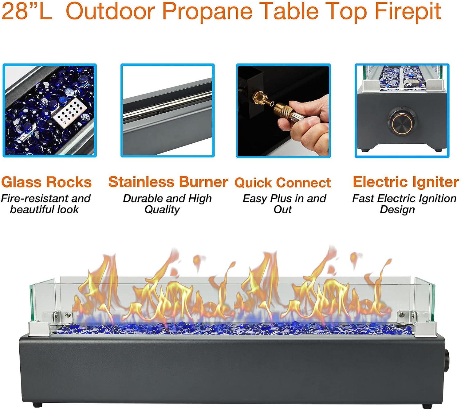 28-inch Table Top Propane Fire Pit, 40,000 BTU Tabletop Firepit for Patio, Outdoor Portable Rectangular Fire Bowl w/Wind Glass Shield, Glass Rocks - Carbon Gray