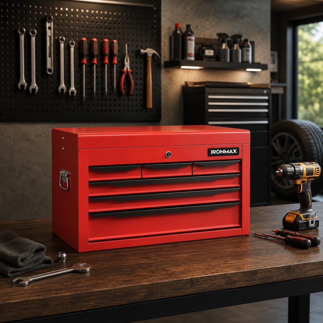 ARNOT Large Metal Tool Box, Tool Box with 6 Drawers & Top Tray, Heavy-Duty Steel Tool Chest with Auto-Locking Drawers and Side Handles for Garage & Workbench, Red
