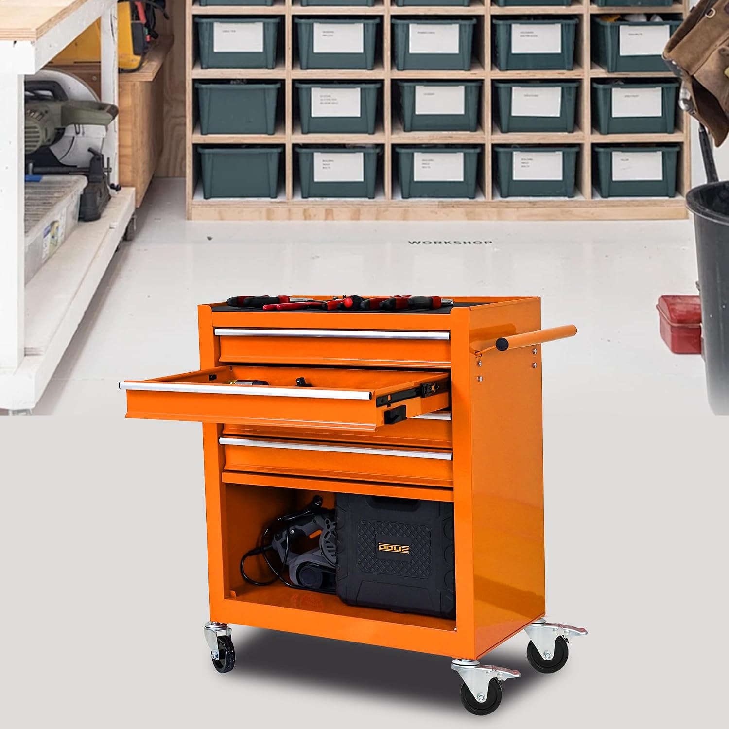 4 Drawers Tool Cart on Wheels, 4 Drawer Rolling Tool Chest, Trolley Organizer Tool Box Tool Case with 1 Cabinet, Multifunctional Tools Case for Garage,Warehouse,Workshop,Repair Shop (Orange)