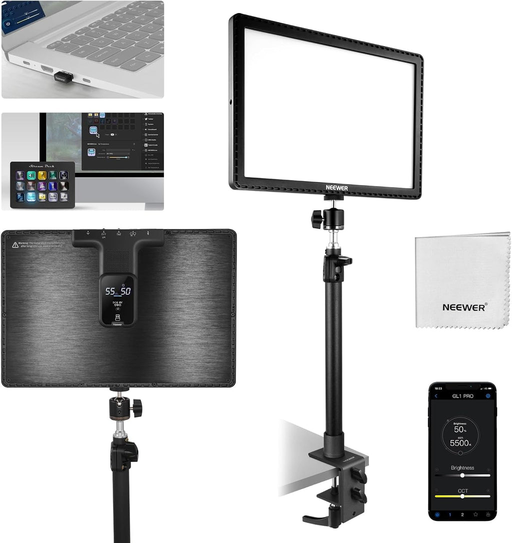 NEEWER 15.5' LED Streaming Key Light, CRI97+ Clamp on Desk Panel Video Lighting, 2.4G PC/Mac iOS/Android APP Control, Compatible with Elgato Stream Deck for Gaming Recording Zoom Call, GL1 PRO Black