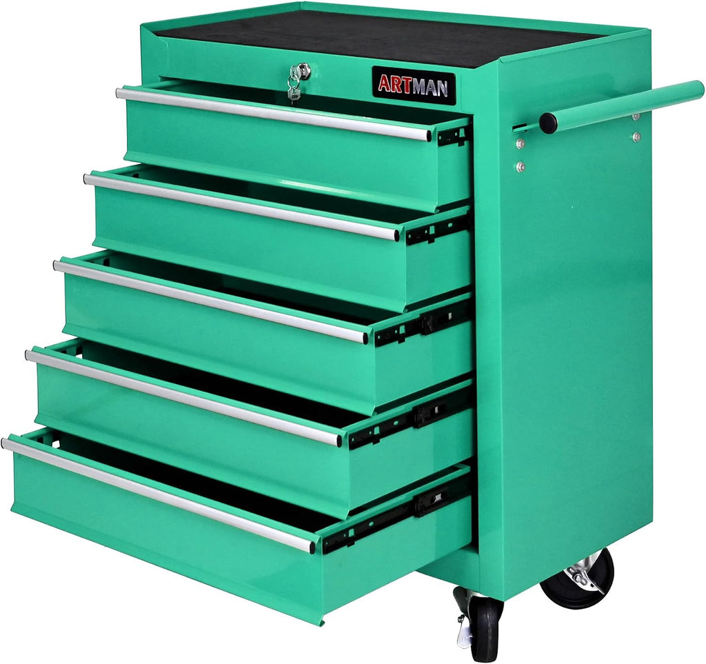 5 Drawers Tool Cart on Wheels, 5 Drawer Rolling Tool Chest with Key Lock, Trolley Organizer Tool Case, Multifunctional Rolling Tool Box for Garage,Warehouse,Workshop,Repair Shop (Green)
