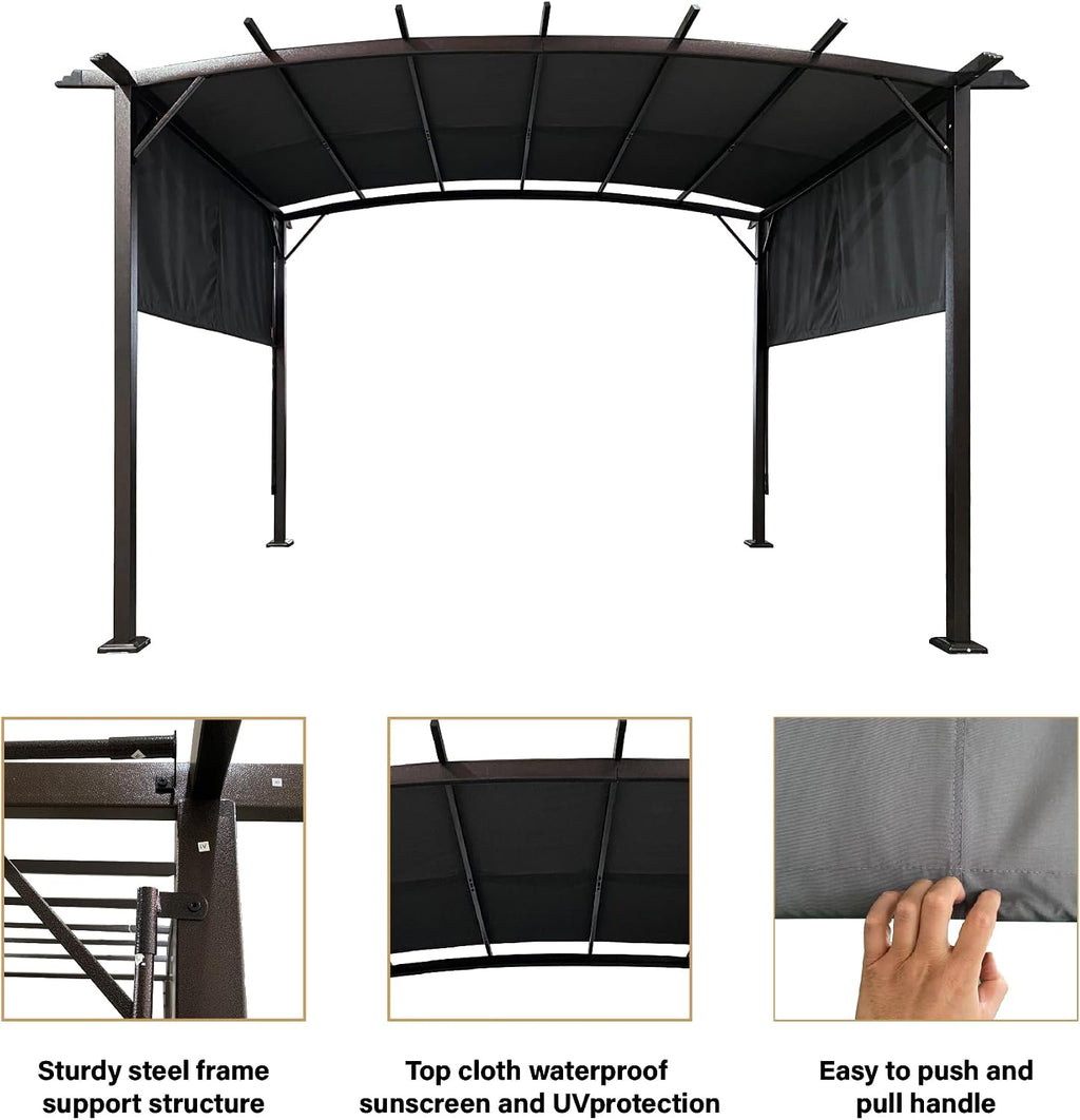 12' x 9' Ft. Outdoor Patio Retractable Canopy Gazebo Metal Pergola with Adjustable Shade (Grey)