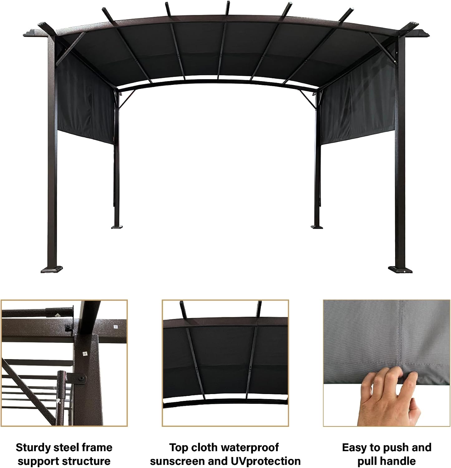 12' x 9' Ft. Outdoor Patio Retractable Canopy Gazebo Metal Pergola with Adjustable Shade (Grey)