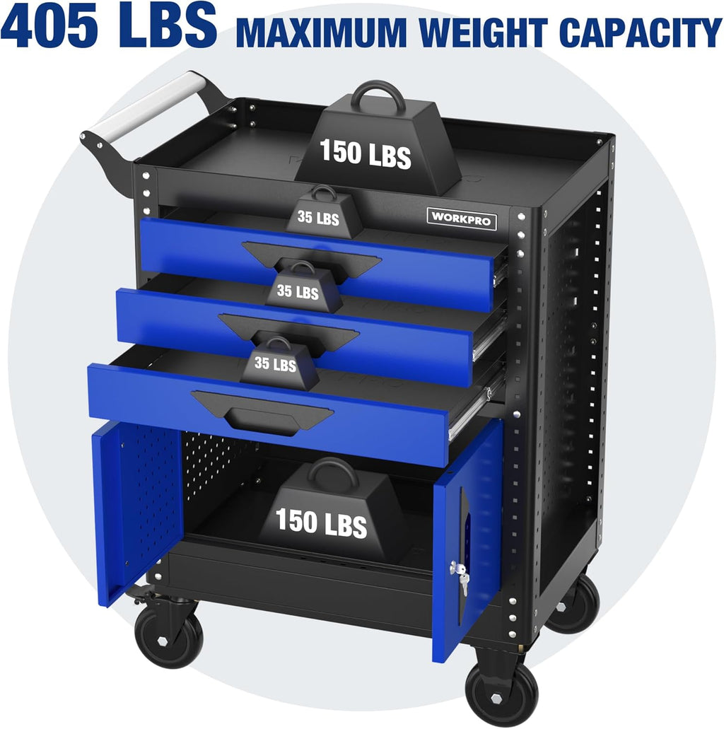 WORKPRO 27.5 Inch 3-Drawer Rolling Tool Chest with Wheels, Portable Steel Tool Cabinets with Drawers, Liners and Locking System for Warehouse, Garage, Black and Blue
