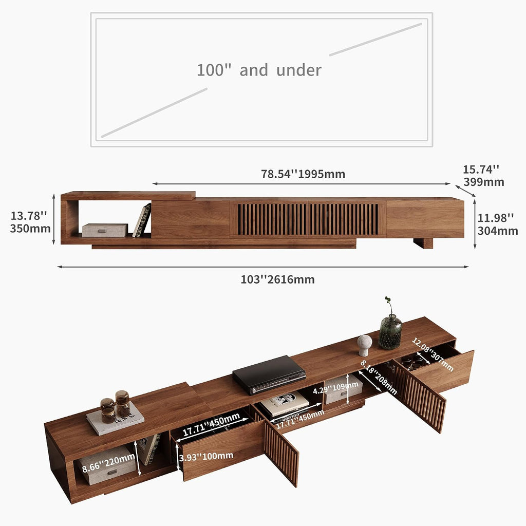 78.5'-105' Mid-Century Modern Extendable TV Stand, Walnut Media Console with 2 Drawers and 2 Cabinets, Fits TVs up to 100 Inches for Living Room or Bedroom