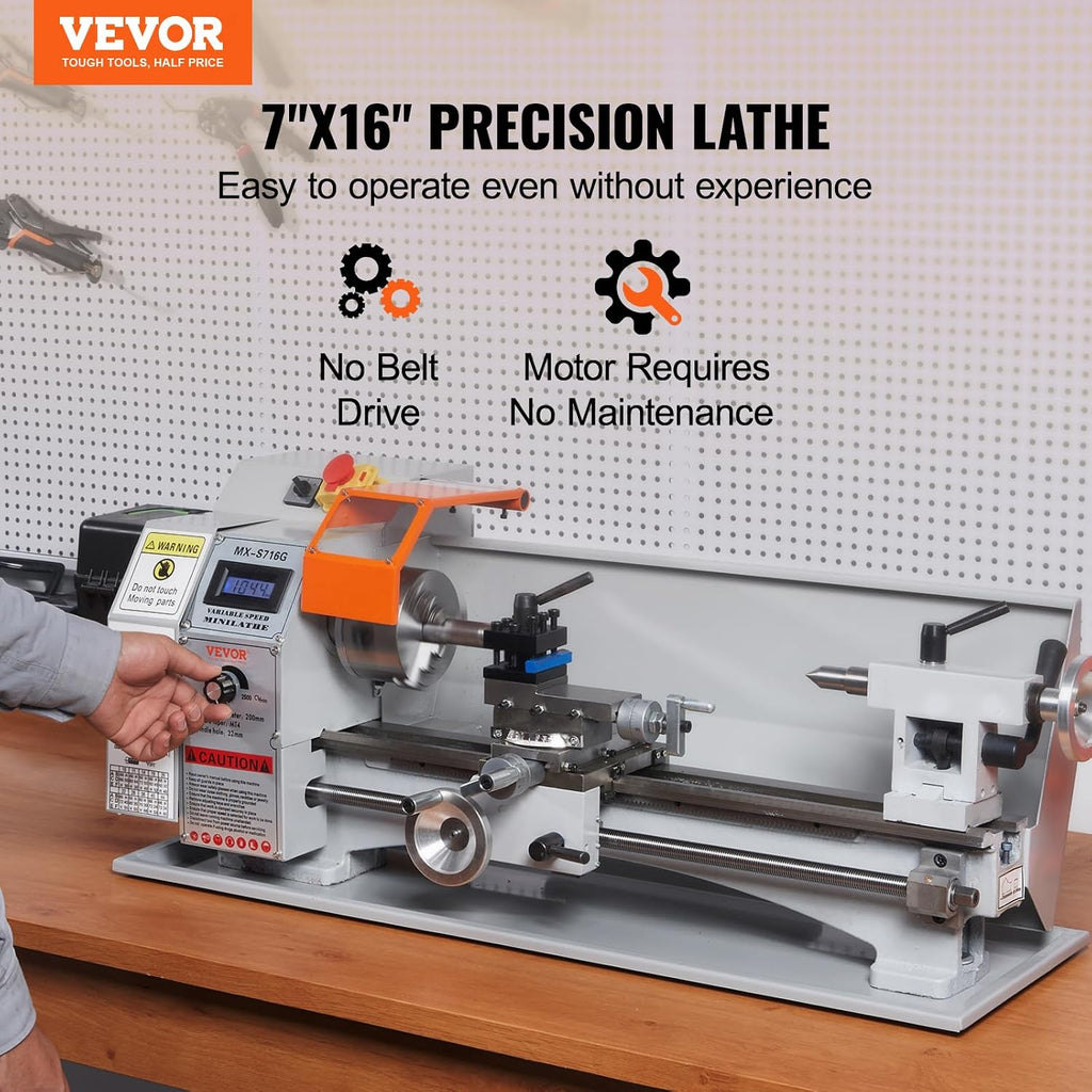 VEVOR 7'' x 16'' Metal Lathe Machine, 800W Precision Benchtop Power Metal Lathe, 150-2500 RPM Continuously Variable Speed, with 3.9'' 3-jaw Metal Chuck Come with Tool Box