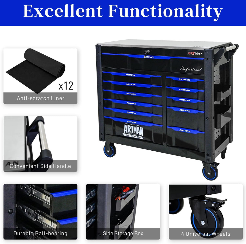 Heavy Duty Rolling Tool Chest with 12-Drawer Tool Cart Mechanic Tool Box with Wheels Tool Storage Cabinet Mobile Workbench Tool Bench for Garage, Workshop, Warehouse, Repair Shop, Iron Top