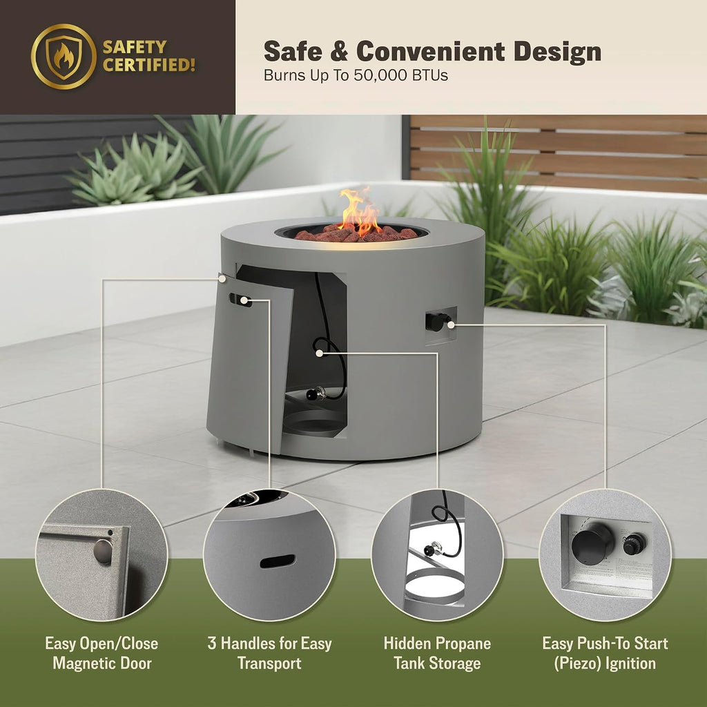 32' Propane Fire Pit Table Round Smokeless w/Lid Alloy Steel Outdoor Gas Firepit Table 50,000 BTUs Includes Lava Rocks and Weatherproof Cover for Wooden Deck Backyard and Pool (Grey)