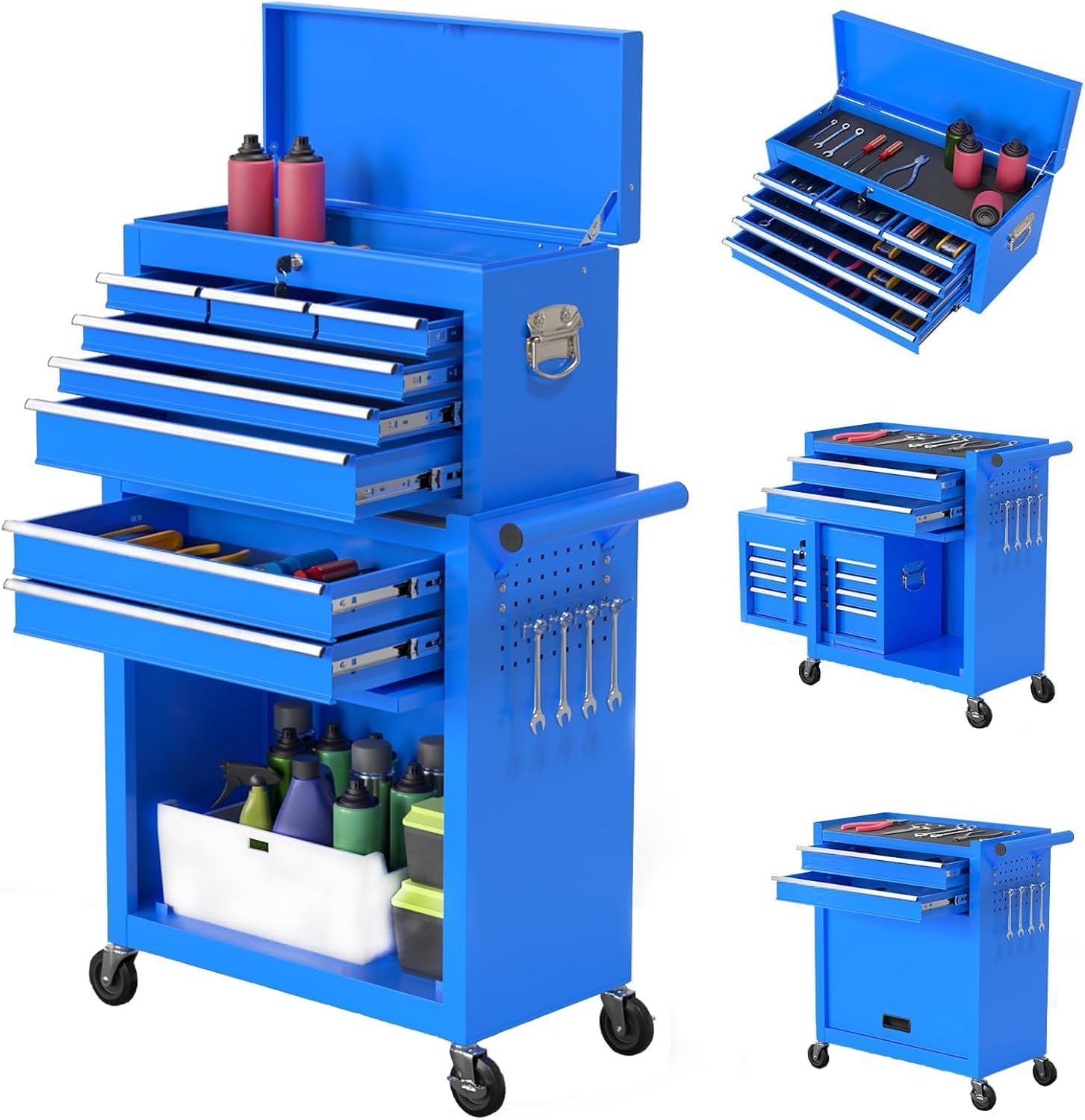 High Capacity Rolling Tool Boxes with Wheels and Drawers, 8-Drawer Storage Cabinet,Detachable Organizer Combo,Mobile Lockable Toolbox for Workshop Mechanics Garage (Blue)