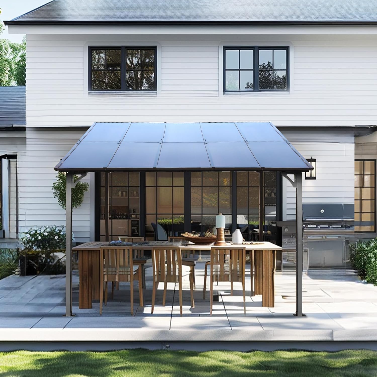 10' x 10' Premium Wall-Mounted Gazebo with Aluminum Frame & Polycarbonate Roof, Heavy Duty Outdoor Lean-to Pergola Awning for Patio, Backyard and Deck