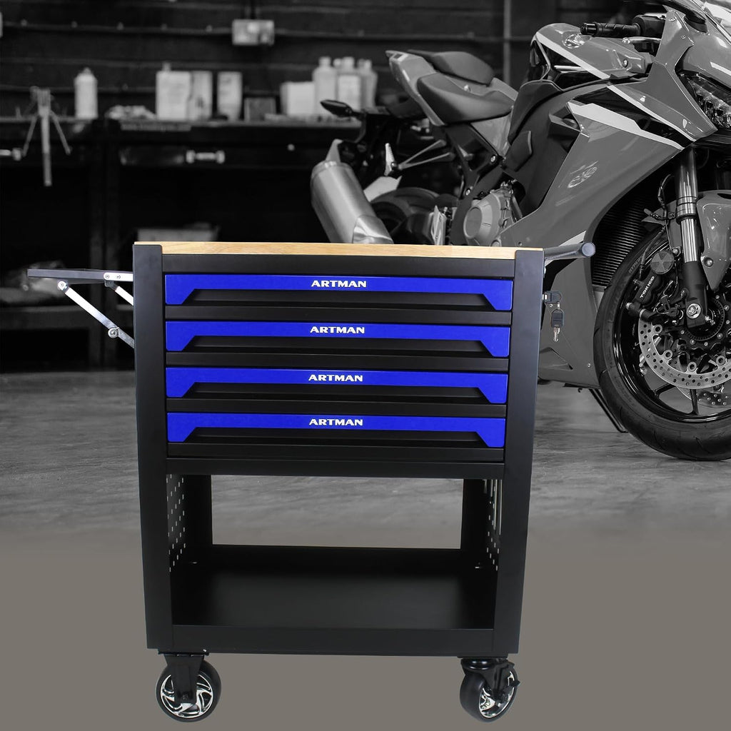 Campfun Tool Cart with 4 Drawers and Wheels, Mechanical Tool Workbench with Wooden Top for Storage in Garages, Workshops, and Repair Shops - Blue