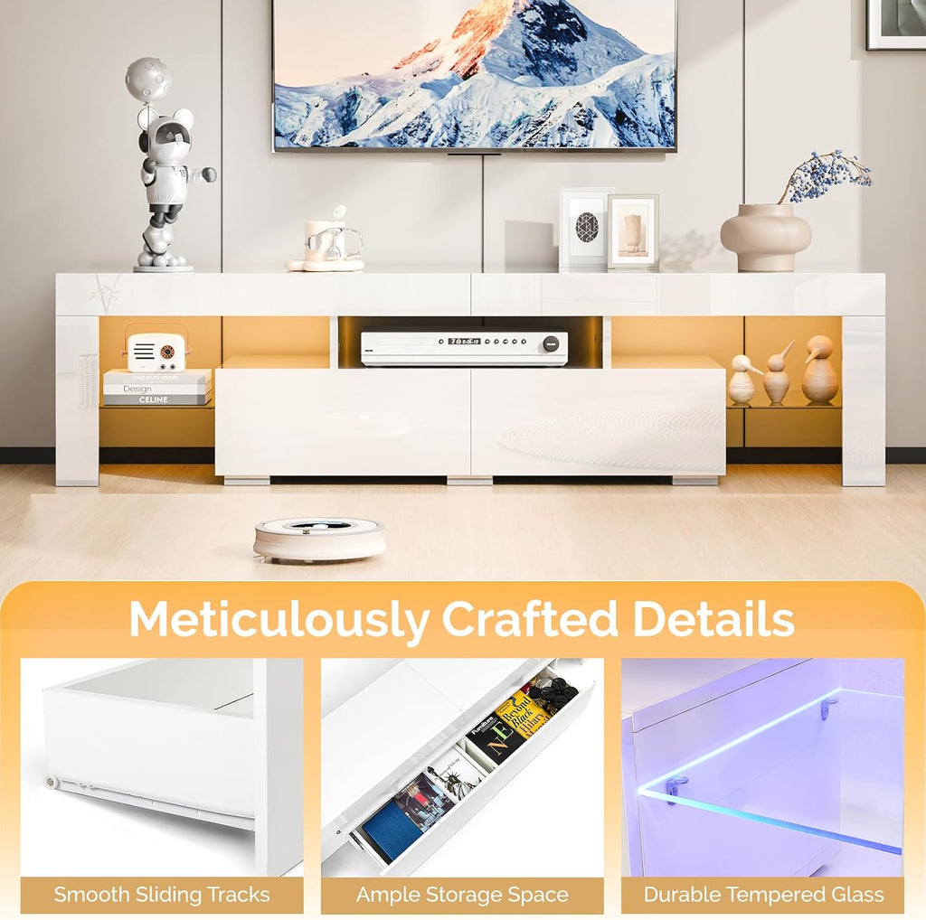 Bonnlo 63' LED TV Stand, Modern White Entertainment Center with Storage and LED Lights for 55/60/65/70 Inch TVs, High Gloss Design for Living Room and Bedroom (White, 63'' x 14'' x 18'')