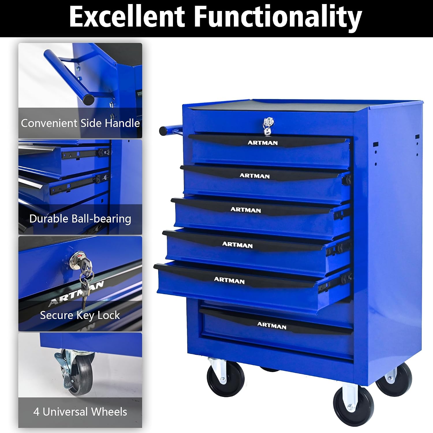 Rolling Tool Box with Wheels, Mechanics Tool Chest with 7 Drawers, Tool Box Organizer with 7 Tool Storage Boxes, Lockable Tool Storage Cabinet for Home Garage Workshop Warehouse Repair Shop, Blue