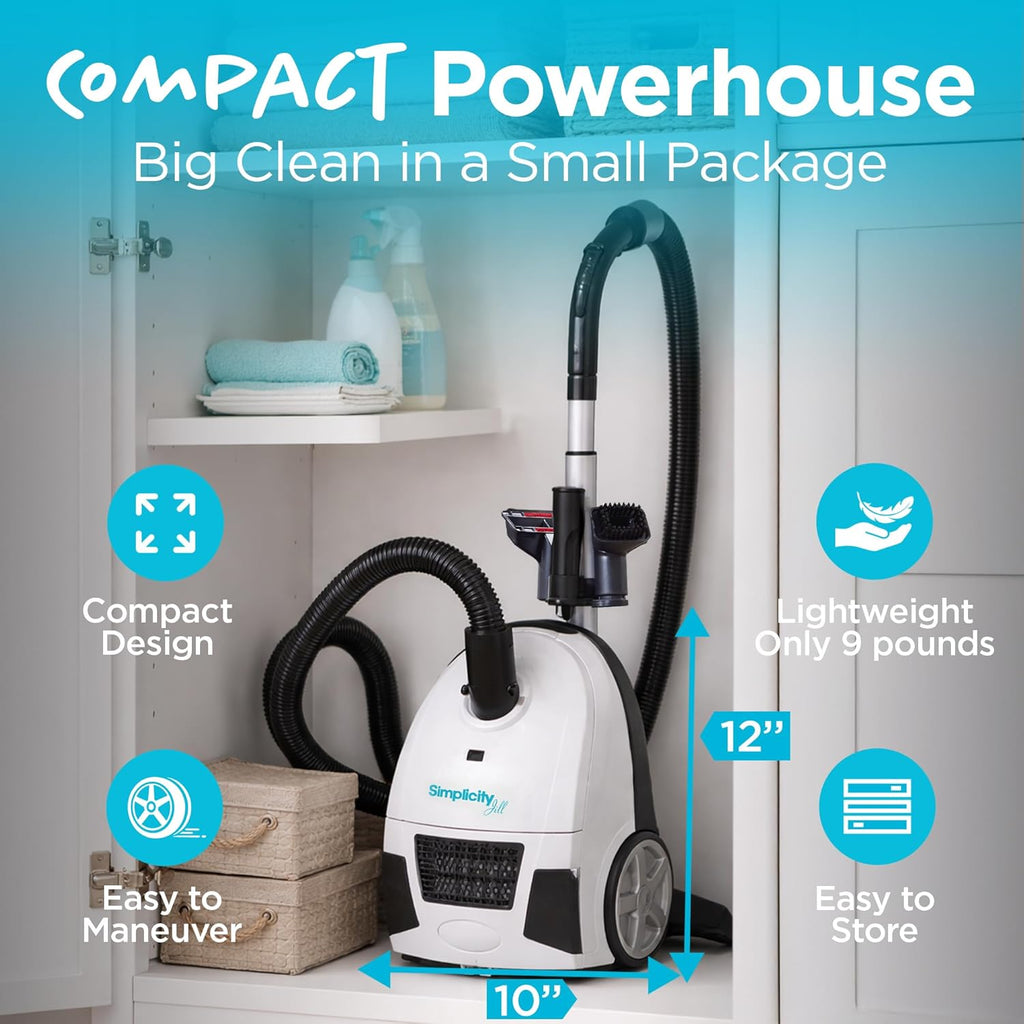 Simplicity Vacuums Jill Lightweight Bagged Canister Vacuum Cleaner – Bagged Vacuum Cleaner with Certified HEPA Filter, Adjustable Suction, Suitable for Floor and Rug Cleaning