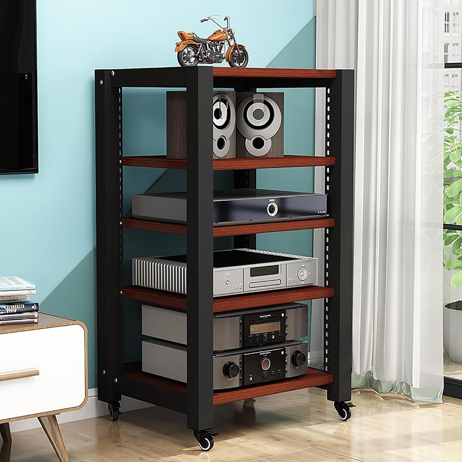 Walnut Gaming Shelf Stand - Record Player & Audio Rack, Media Cabinet for PS5, DVD Player, Projector, AV Equipment - Corner Display with Wooden Shelves (60x50x100cm)