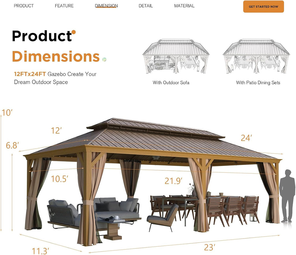 EROMMY 12'x24' Hardtop Gazebo, Galvanized Steel Double Roof with Wood Grain Aluminum Frame, Outdoor Gazebo with Curtains and Nettings for Patio, Backyard and Deck