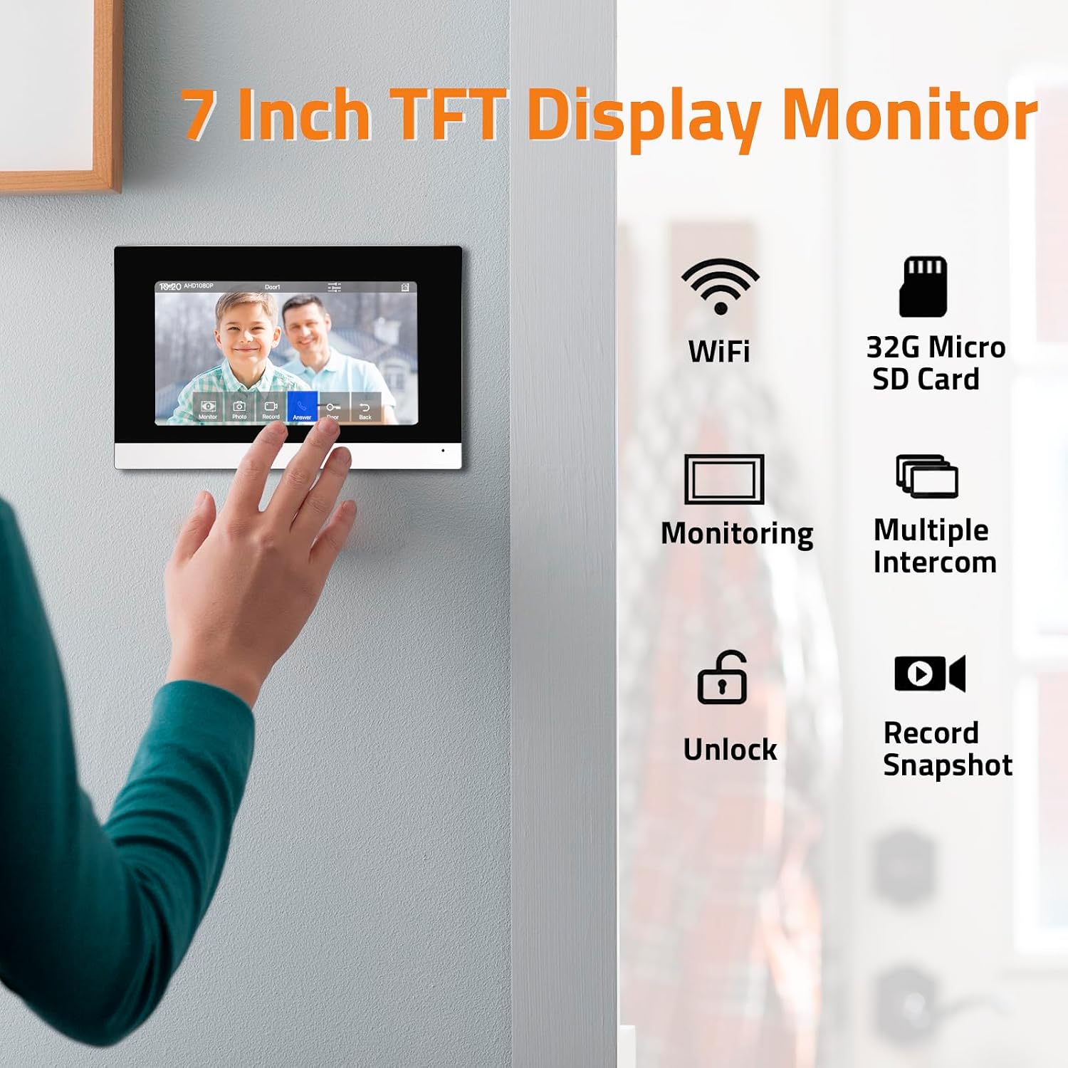 Wireless IP Video Doorbell Intercom System, WiFi 7 Inch Monitor with Metal HD Door Camera (Wired Power), Video Intercom with 32G Card Record, APP Remote 2-Way Audio, Unlock for Home Security System