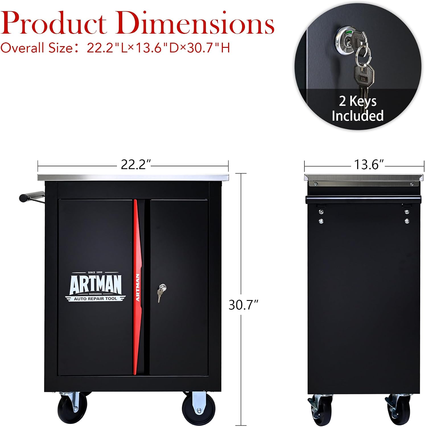 RYH 4/5/6/7 Drawers Rolling Tool Chest -Heavy Duty Mobile Metal Tool Box with Locking Wheels, with Stainless Steel Worktop, Garage Tool Storage Cabinet (Black, 2 Doors 30.7' H×22.2' W)