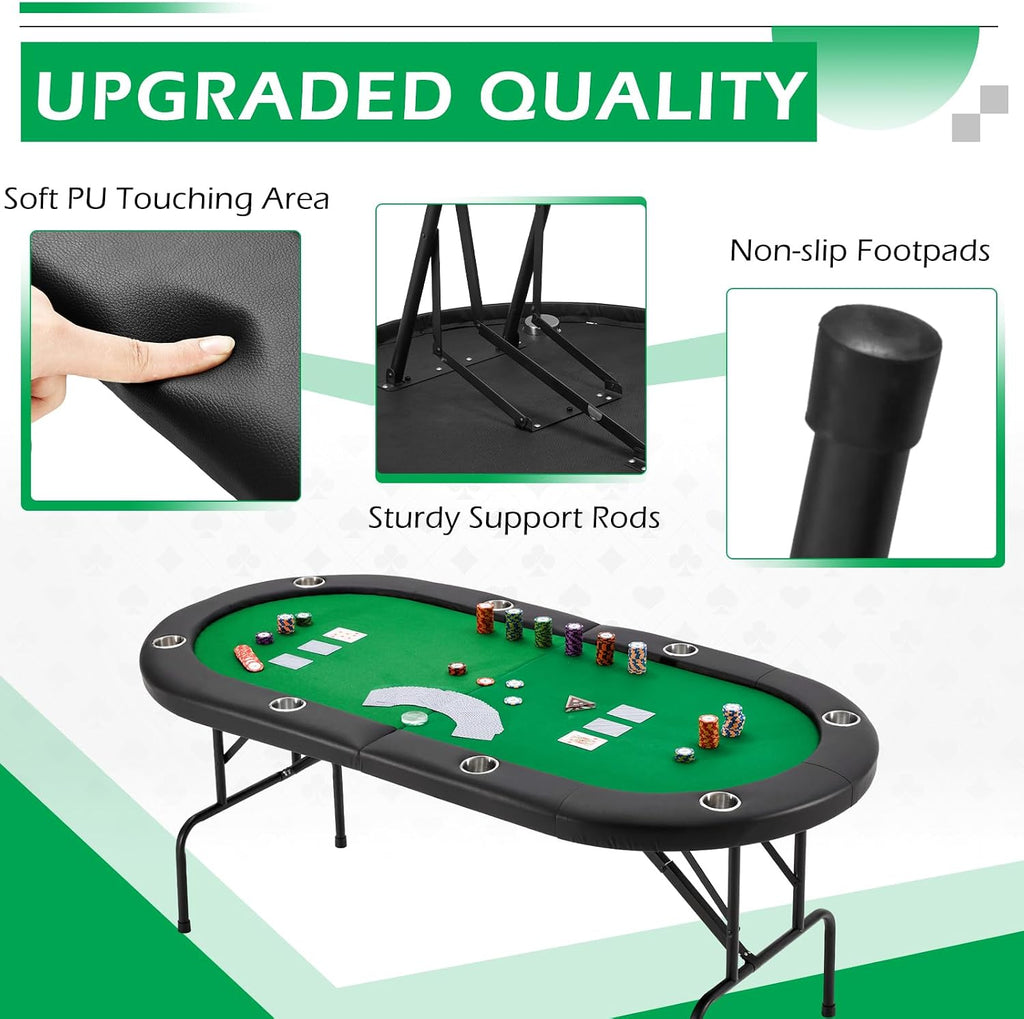 ECOTOUGE Foldable Poker Table, 8-Player Blackjack Texas Holdem Table w/Stainless Cup Holder, Folding Oval Gaming Table with Portable Oxford Bag for Casino Game, No Assembly Required, Green