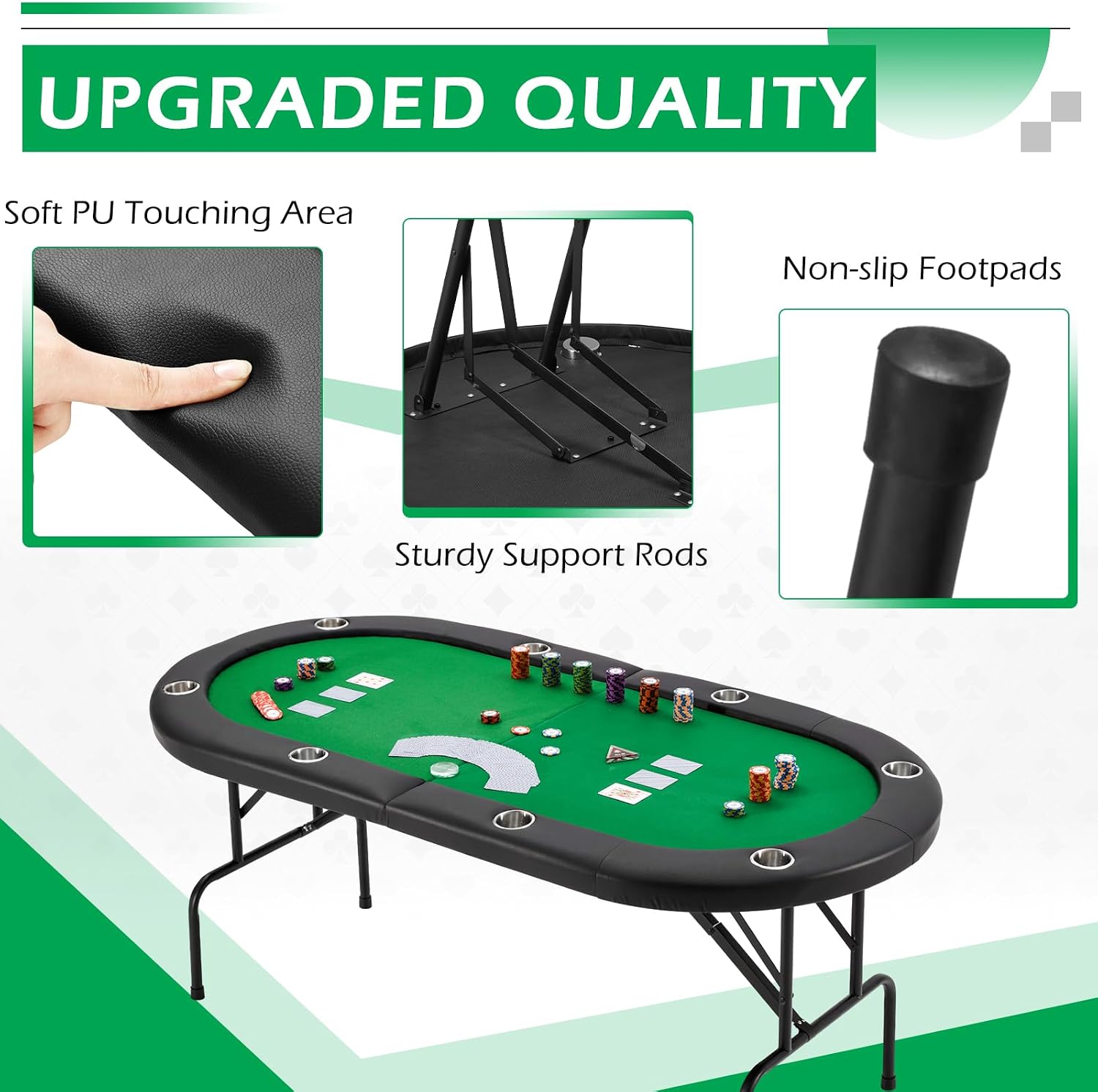 ECOTOUGE Foldable Poker Table, 8-Player Blackjack Texas Holdem Table w/Stainless Cup Holder, Folding Oval Gaming Table with Portable Oxford Bag for Casino Game, No Assembly Required, Green