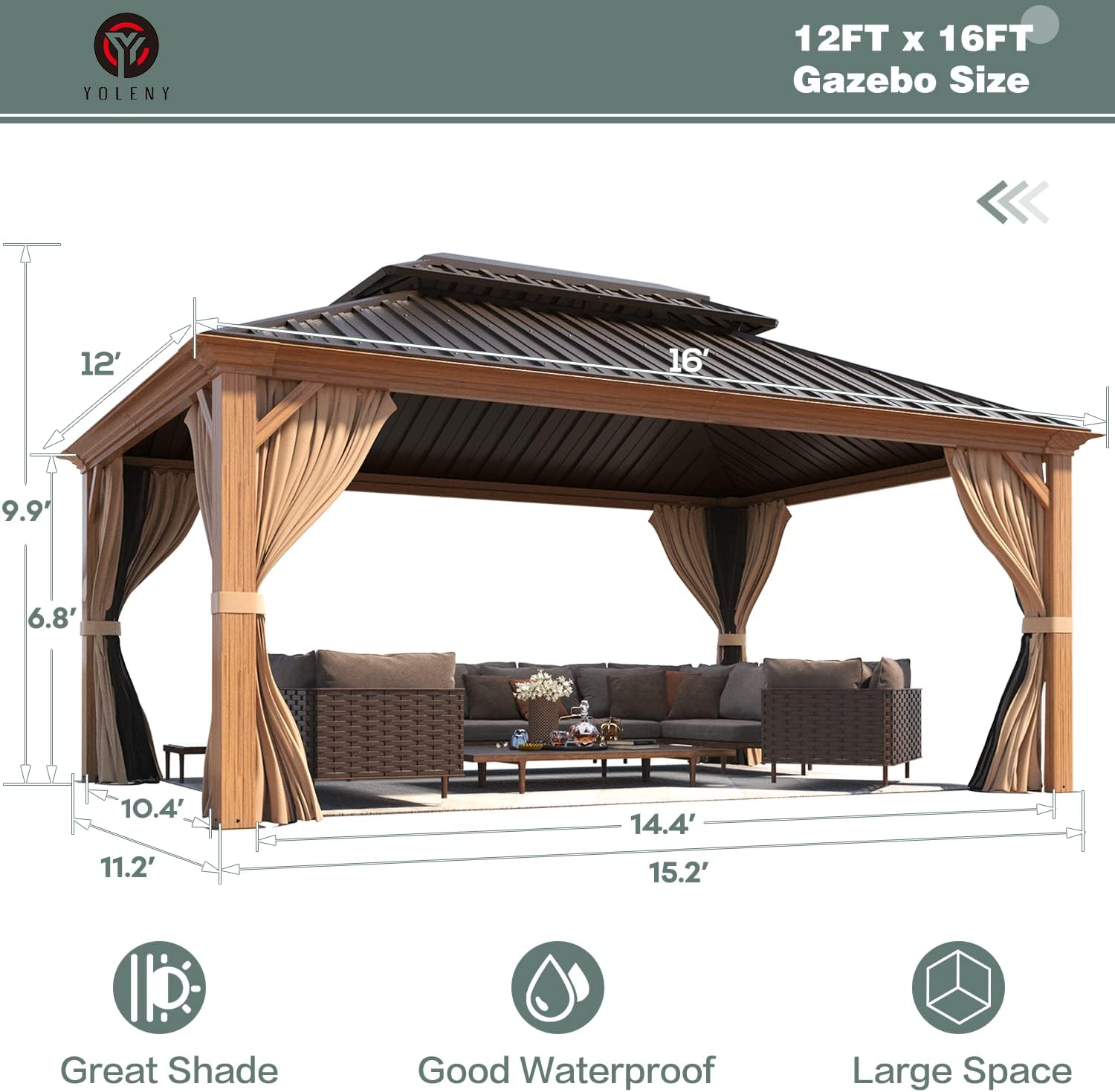 YOLENY 12'x16' Hardtop Gazebo, Wood Grain Aluminum Frame Outdoor Gazebo with Double Galvanized Steel Roof, Permanent Metal Pavilion with Curtains and Nettings for Patio, Backyard, Deck and Lawns