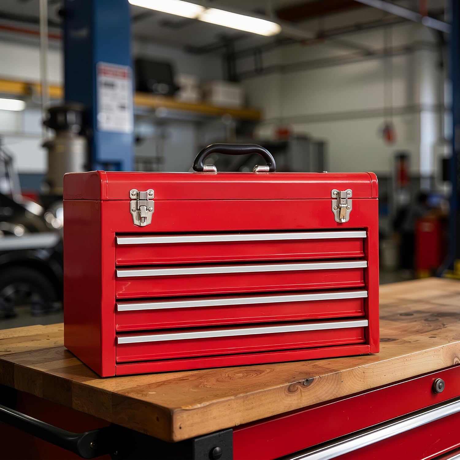 Portable Metal Tool Box with 4 Drawers, Ball Bearing Slides, Lid Interlock Lock, Heavy Duty Steel Tool Chest Cabinet for Garage, Workshop, Home Tool Storage Organizer, Red(X4 Red)