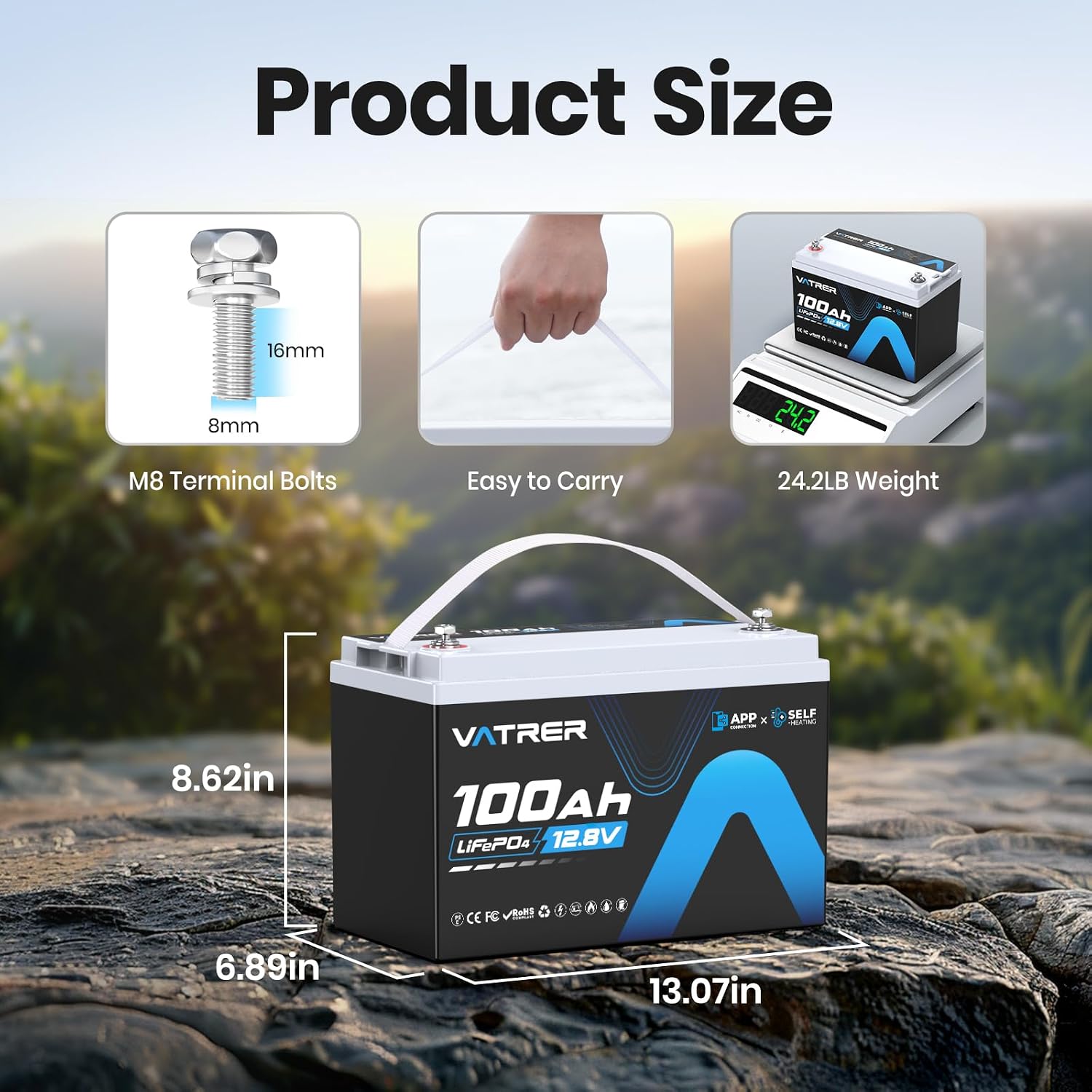 12.8V 100AH Group 31 LiFePO4 Lithium Battery with Self-Heating & APP Monitoring, Built-in 100A BMS, High Temp Cutoff, Low Temp Charging, 5000+ Cycles, Perfect for RV/Camping,Off-Grid,Solar