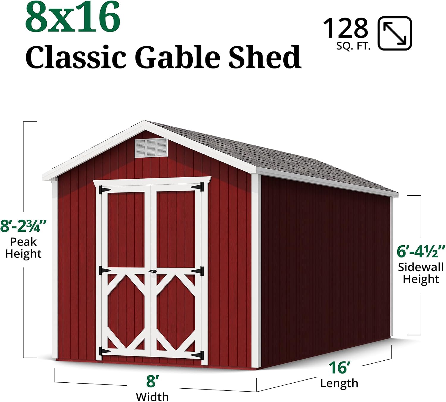 Little Cottage Co. 8x16 Classic Gable Shed with Floor, Outdoor Wood Storage Do-It-Yourself Precut Kit
