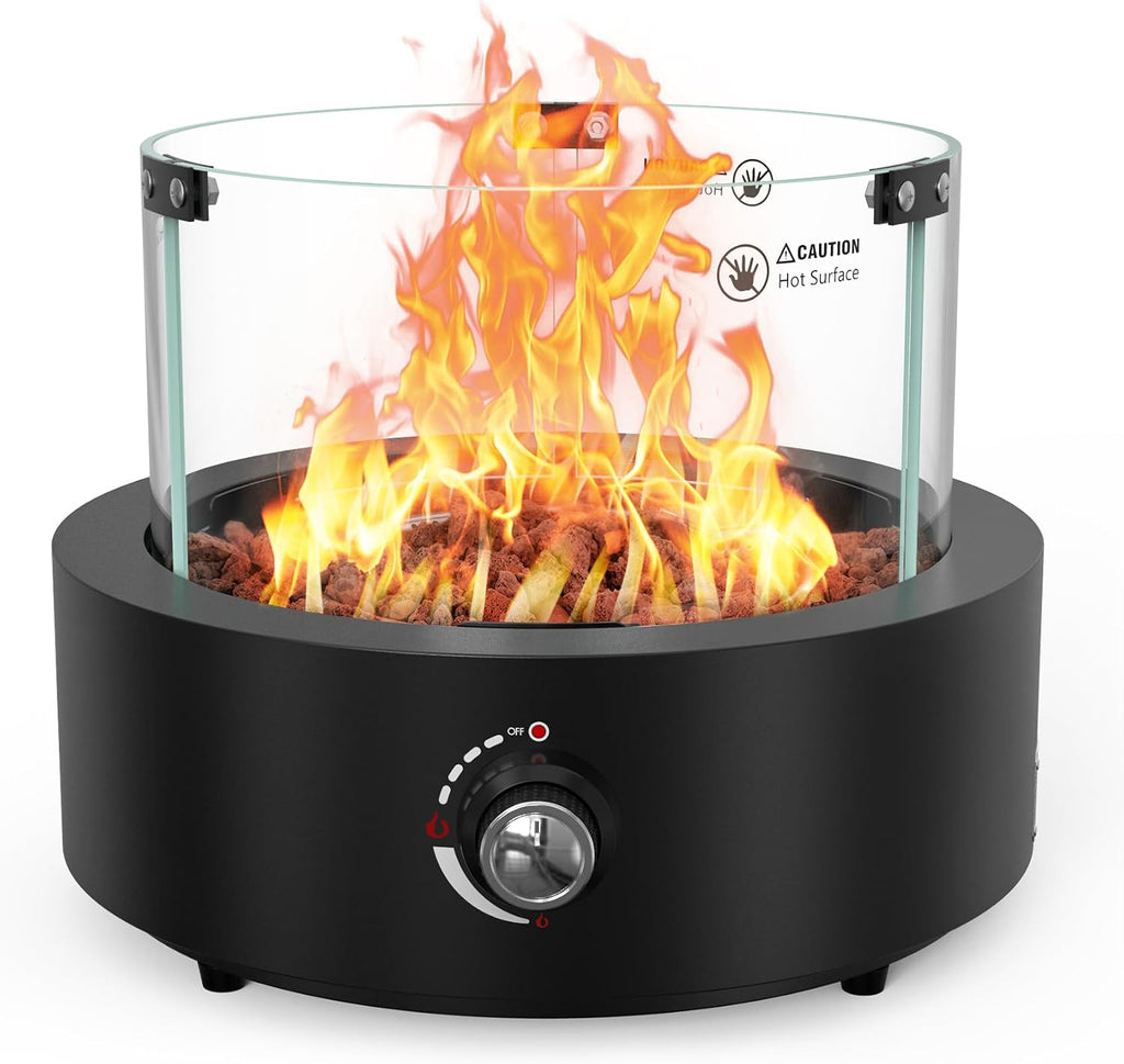 15.7' Portable Propane Gas Fire Pit Side-Mounted, Modern Tabletop Fireplace Smokeless Firepit with Glass Wind Guard for Patio Camping RV Tailgating, 23000BTU, Round FP038