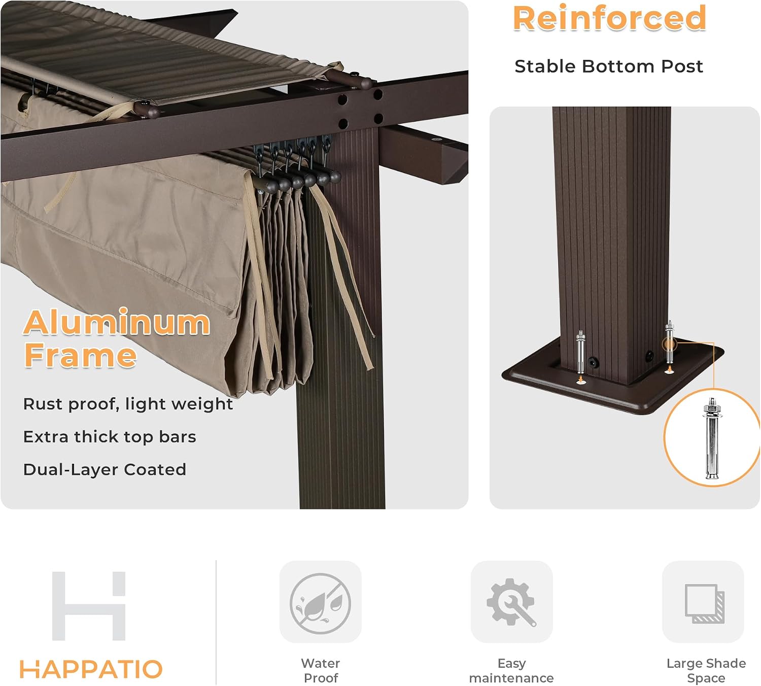 HAPPATIO 10' X 10' Retractable Pergola with Sun Shade Canopy, Patio Aluminum Frame Shelter for Backyards, Gardens, Porch, Includes Ground Studs and Expansion Screws (Brown)