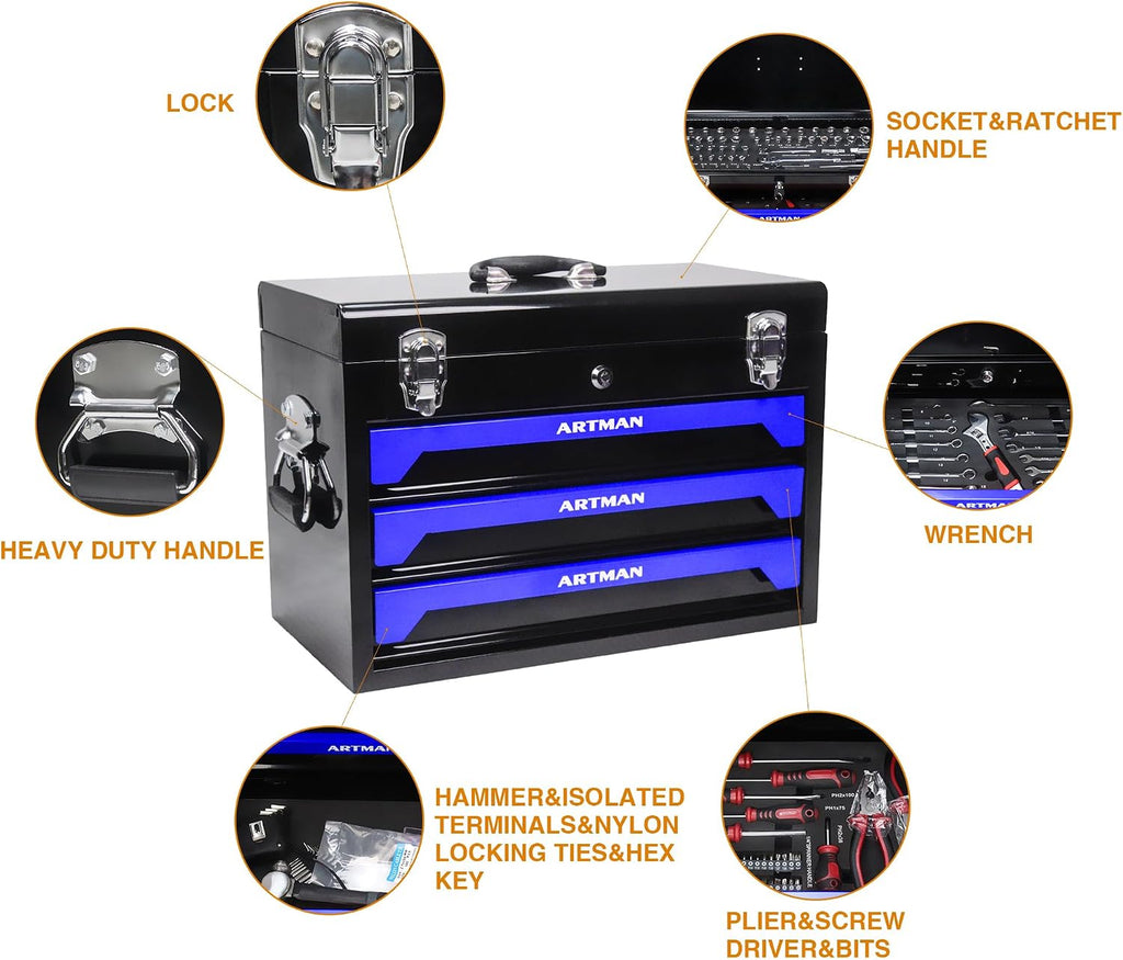 Mini Tool Box, Key Locking System with Tool Set, Portable Steel Tool Box with Drawers, Small Toolbox for Organizing Tools in Garage, Home, Warehouse