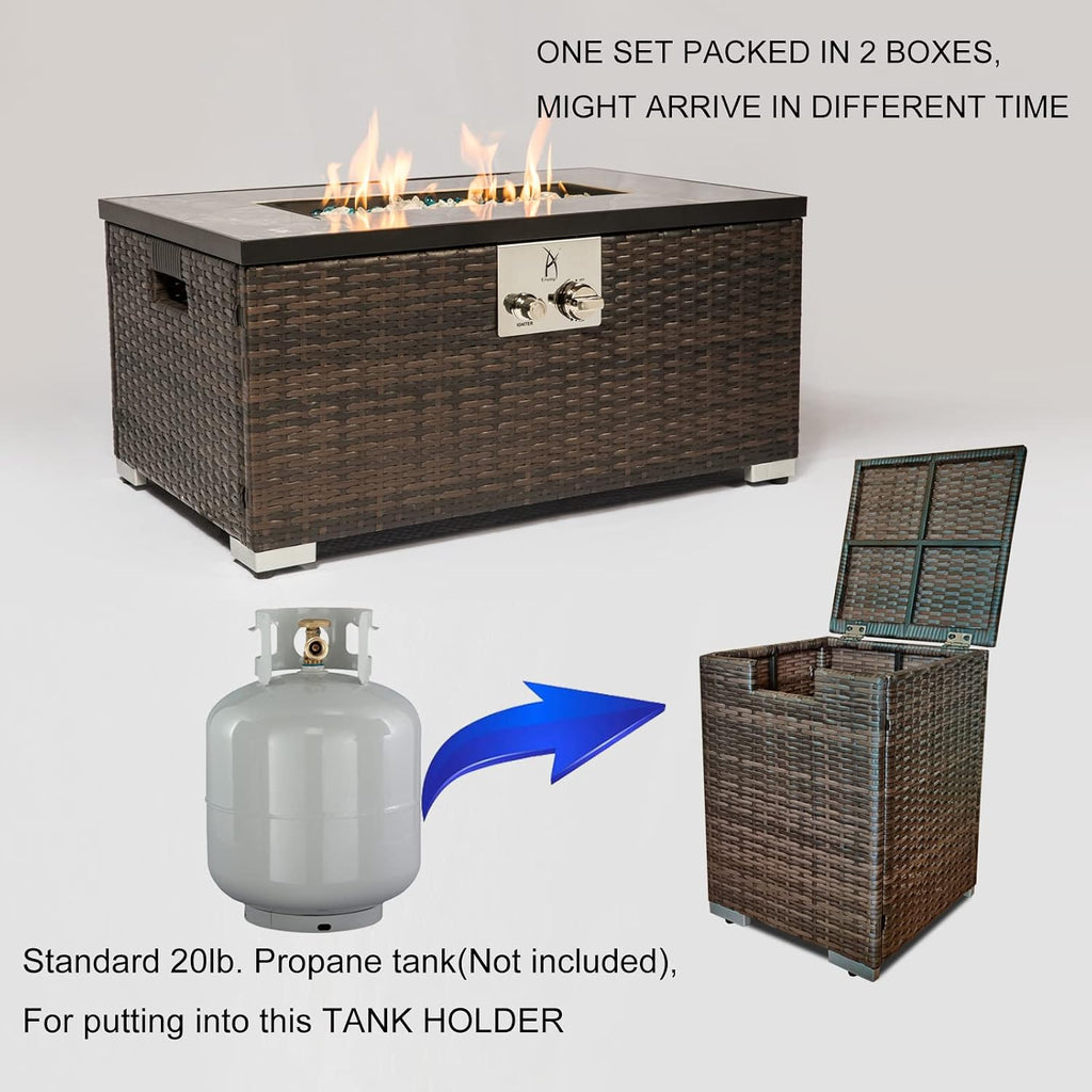 32in Gas Fire Pit Table Set, 50,000 BTU Propane Fire Pit Table Outdoor with Rain Cover, Hideaway Tank Holder Fits 20lb Tank, Gas Fire Pit for Outside w/Ceramic Tabletop and lid, Glass Rocks