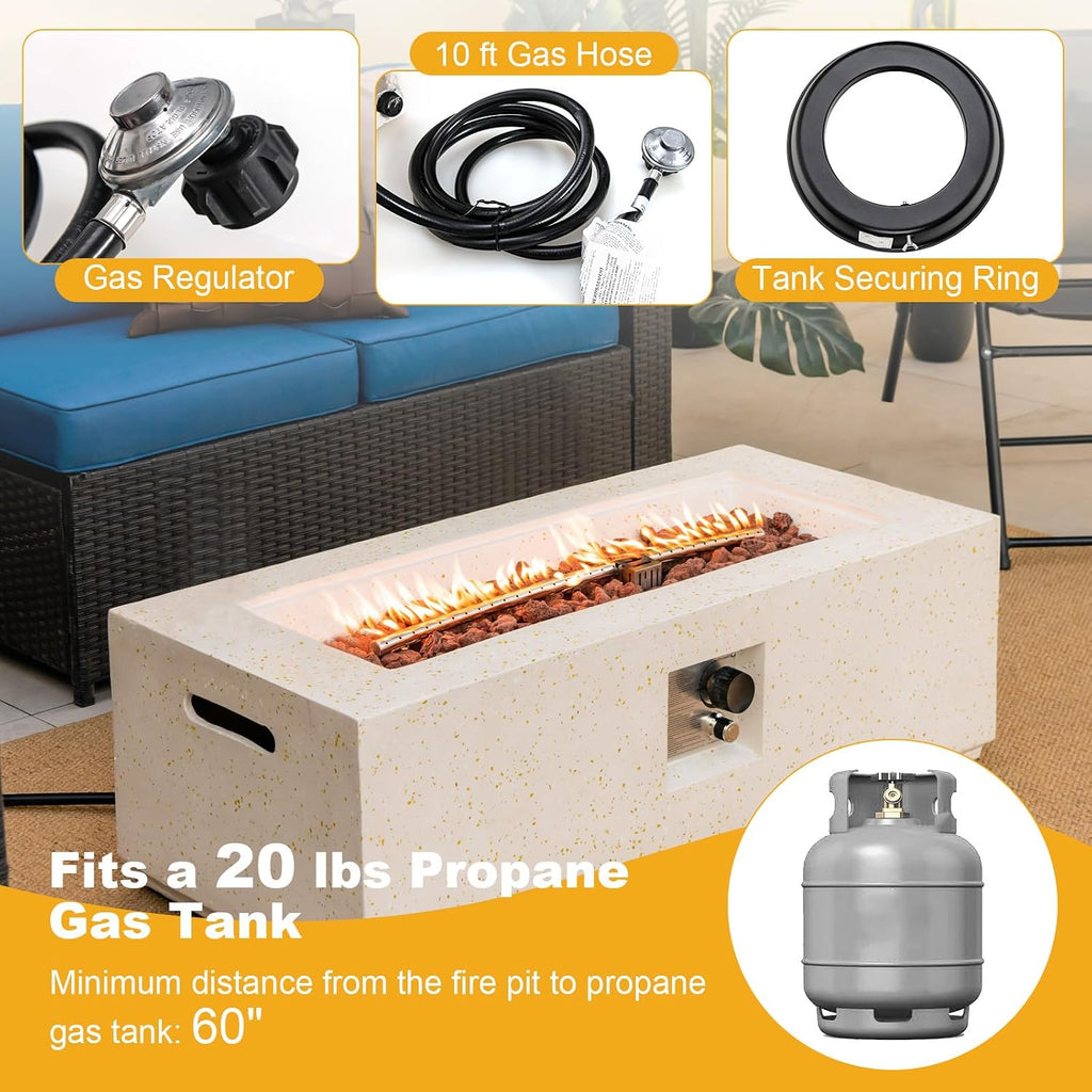 Tangkula 50,000 BTU Outdoor Fire Pit Table, 42' Rectangle Terrazzo Propane Gas Fire Table with Auto-Ignition, Stainless Steel Burner, Lava Rocks & Rain Cover for Patio Backyard Poolside