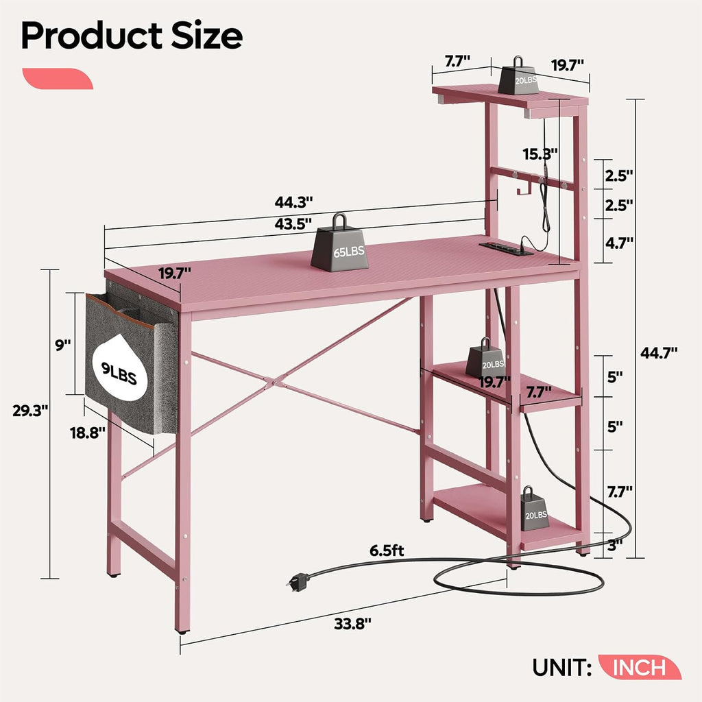 Bestier Pink Gaming Desk with Power Outlets, 44 Inch Led Gamer Desk with 4 Tiers Reversible Shelves, Computer Desk with Headset Hook & Side Storage Bag for Bedroom (Pink 3D Carbon Fiber)