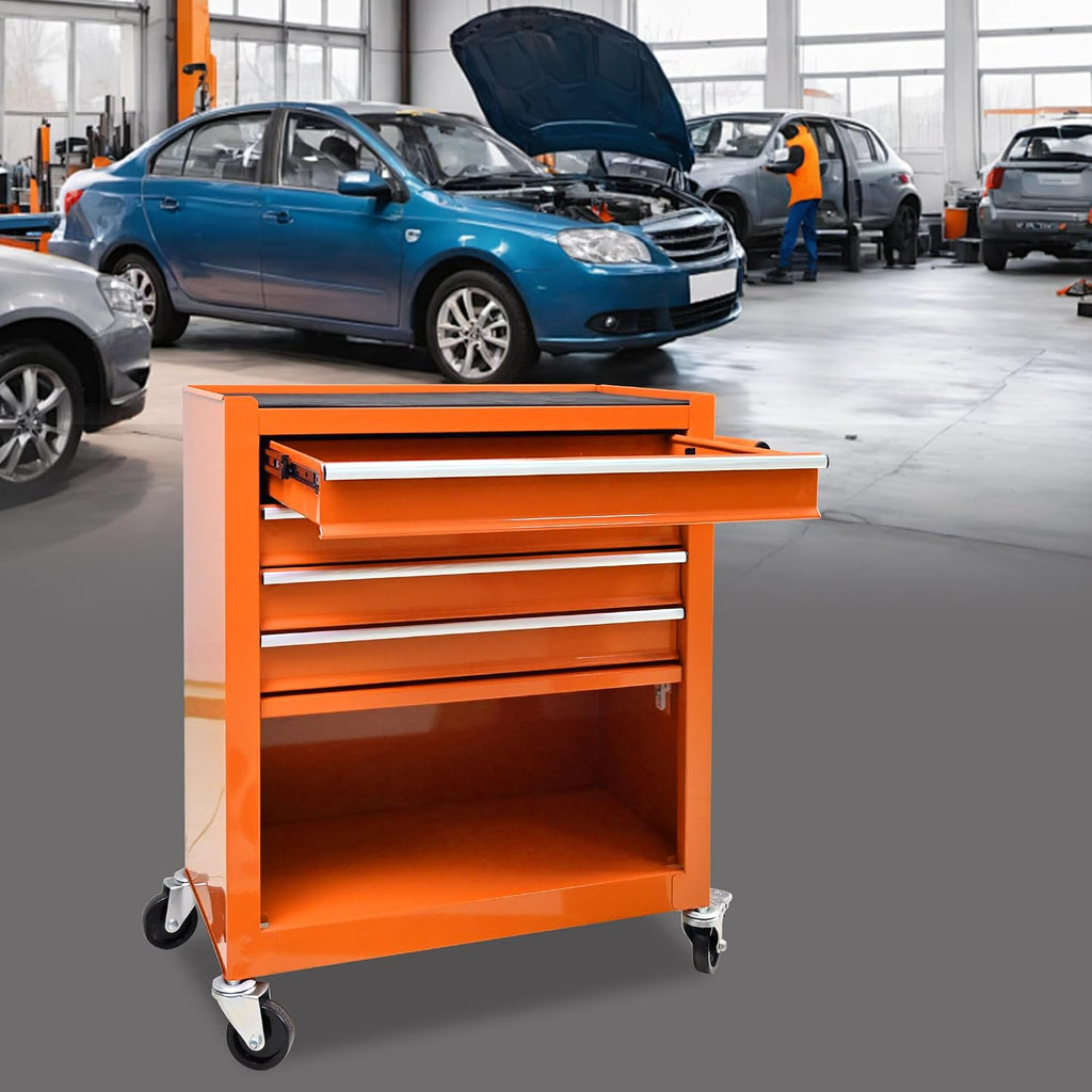 4 Drawers Rolling Tool Chest Cart. Tool Storage Cabinet with 4 Wheels.Tool Cabinet Trolley with Locking System and Drawer Liners.Tool Storage Cart for Garage,Workshop.Toolbox Cart-Orange Plus