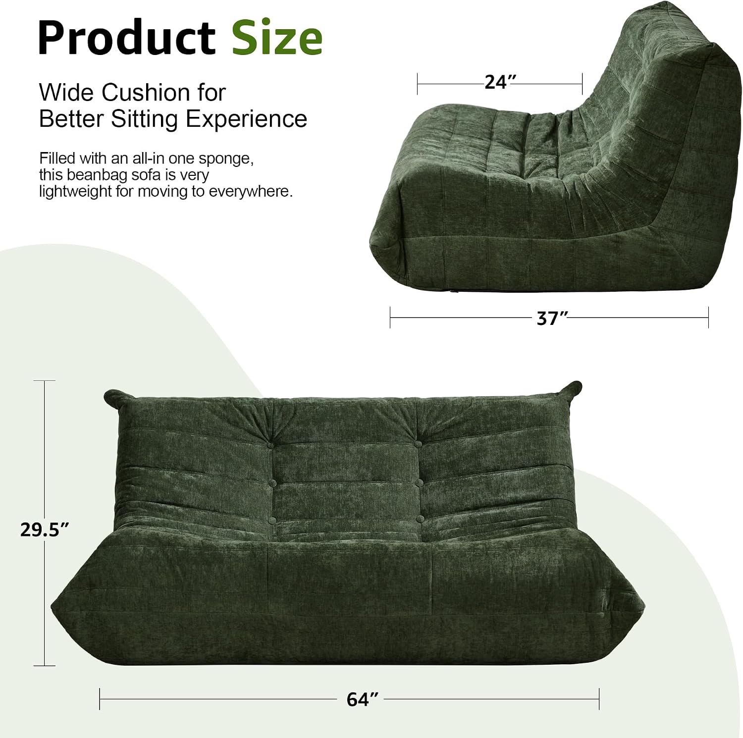 Bean Bag Chairs for Adults Giant Bean Bag Chair Memory Foam BeanBag Chair Bean Bag Sofa with Filler Faux Fur Fireside Beanbags Lazy Sofa for Living Room Bedroom Office (Green Chenille, Loveseat)