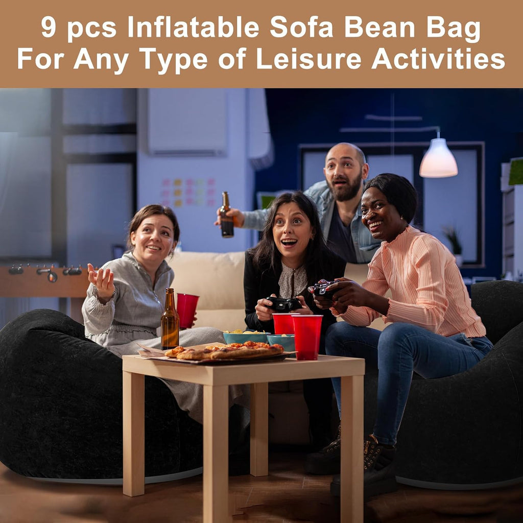 Realspring 6 9 12 Pcs Inflatable Bean Bag Chairs for Adults with Electric Air Pump, Blow up Couch Folding Portable Inflatable Couch Lazy Sofa for Outdoor Movie Night Camping(Black,9 Pcs)