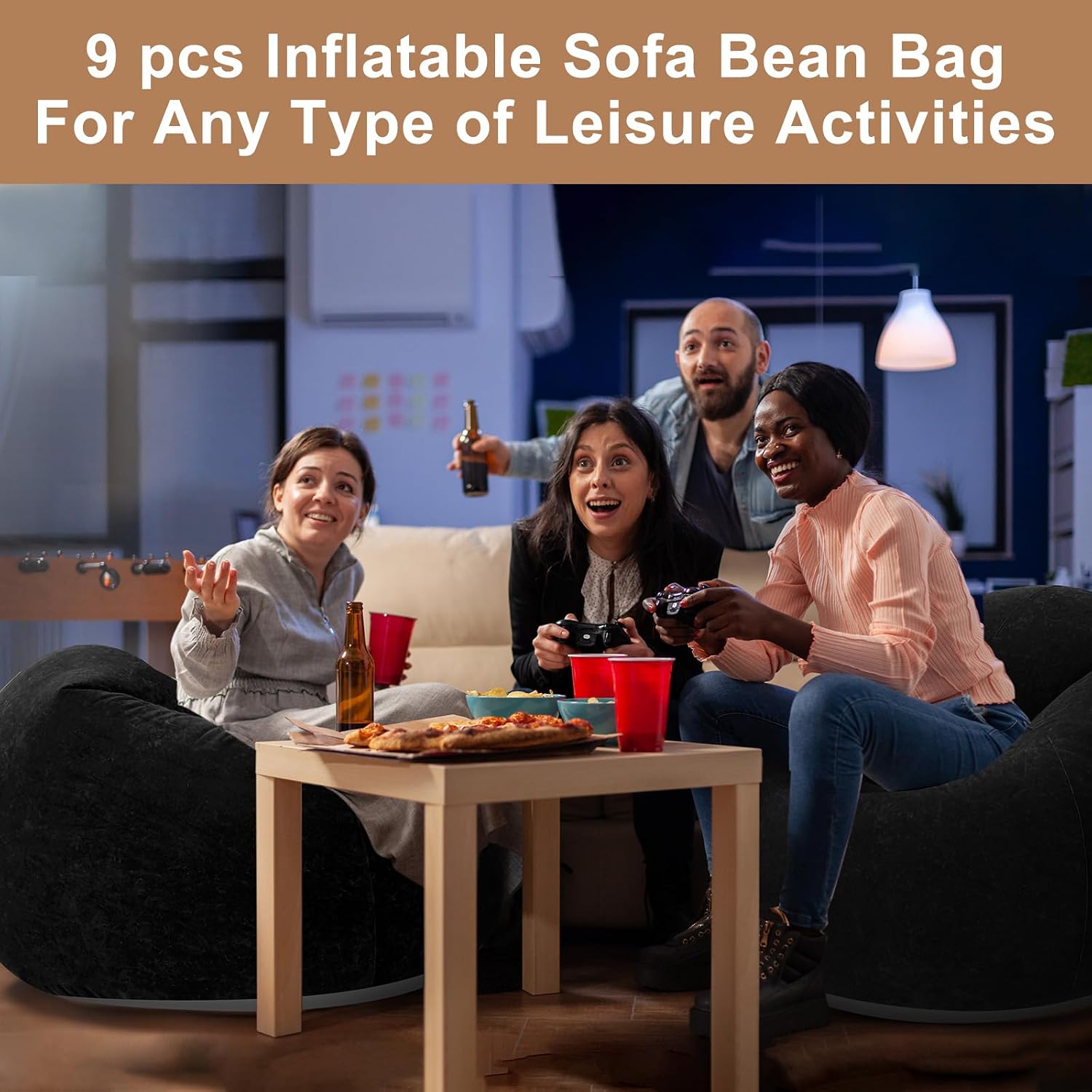 Realspring 6 9 12 Pcs Inflatable Bean Bag Chairs for Adults with Electric Air Pump, Blow up Couch Folding Portable Inflatable Couch Lazy Sofa for Outdoor Movie Night Camping(Black,9 Pcs)