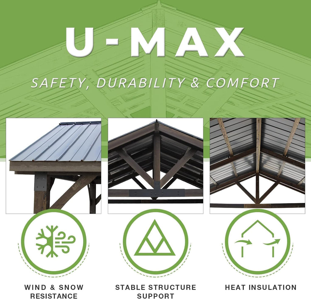 U-MAX 14' x 12' Wood Gazebo on Clearance Pergolas and Gazebos Clearance with Thermal Insulated Polycarbonate Pyramid Hip Roof for Backyard Deck Garden and Patio Dark Brown Roof