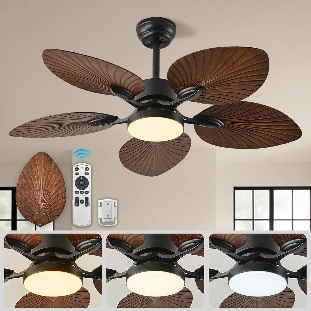 42-INCH Tropical Outdoor Ceiling Fan with Dimmable LED Light & Remote - Damp-Rated Palm Leaf Blades | Ultra Quiet DC Motor | 6 Speeds ideal for Patio Gazebo